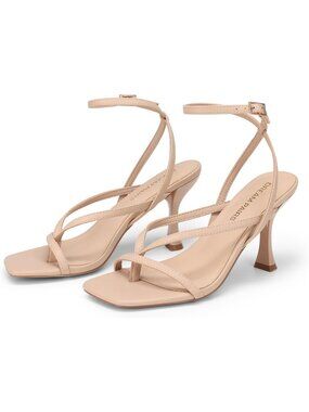 Women's Nude Faux Leather Square Open Toe Flip Flop Ankle Strap High Kitten Heel